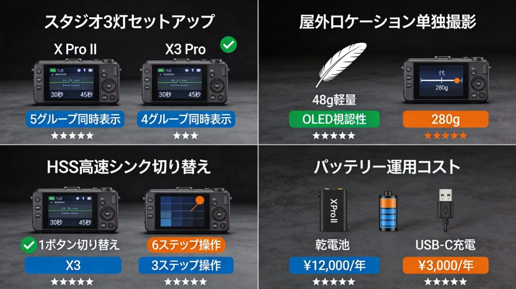 ゴドックスコマンダー実戦比較。スタジオ、屋外、設定切り替え、コスト面での実際の使い勝手の違い。