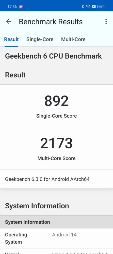 OPPO Reno11 AのGeekbench 6のスコア