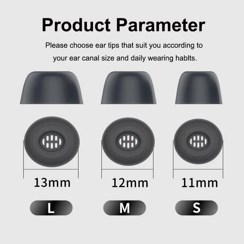Ear tip sizes with corresponding dimensions for optimal fit and comfort