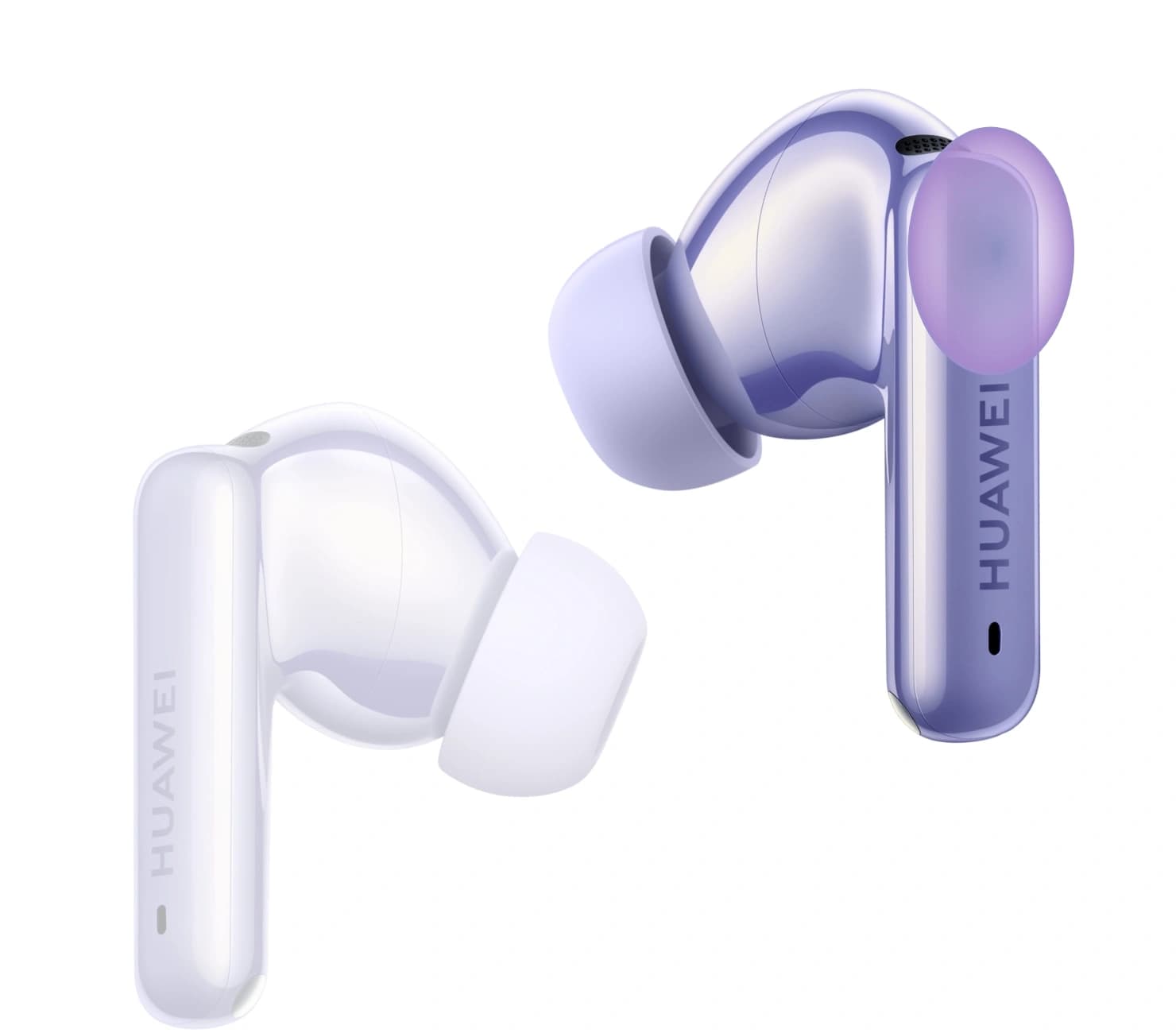 A white and a purple HUAWEI FreeBuds 6i earbud