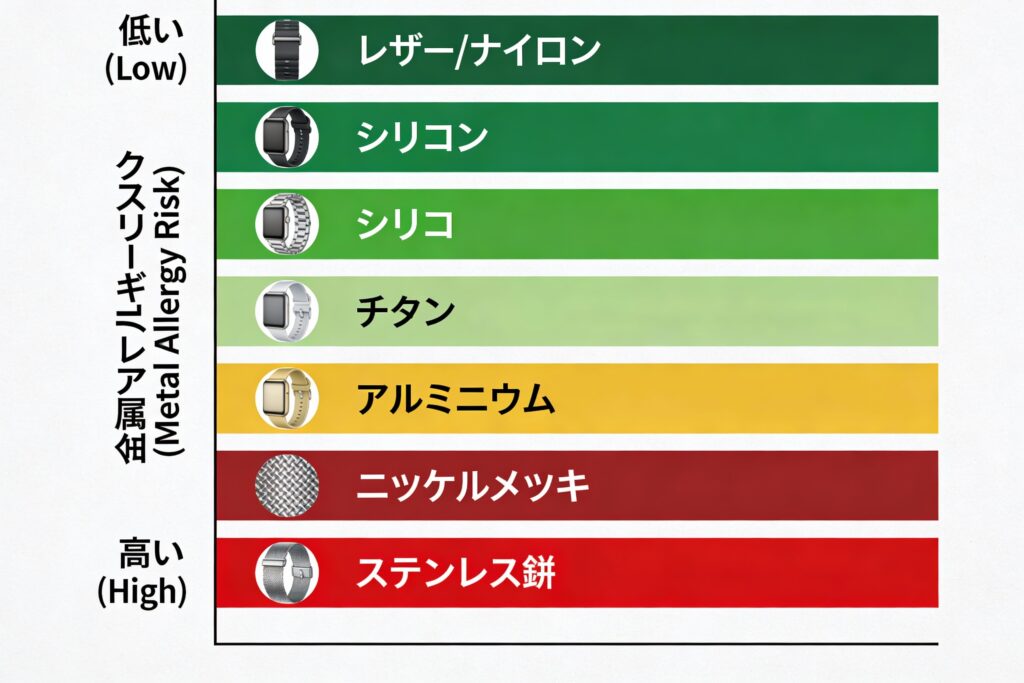 Apple Watchバンド素材別の金属アレルギーリスク評価表 - ステンレス鋼から革製まで、6種類のバンド素材をリスクレベル別に比較した図。最も危険な素材から最も安全な素材まで視覚的に理解できます。