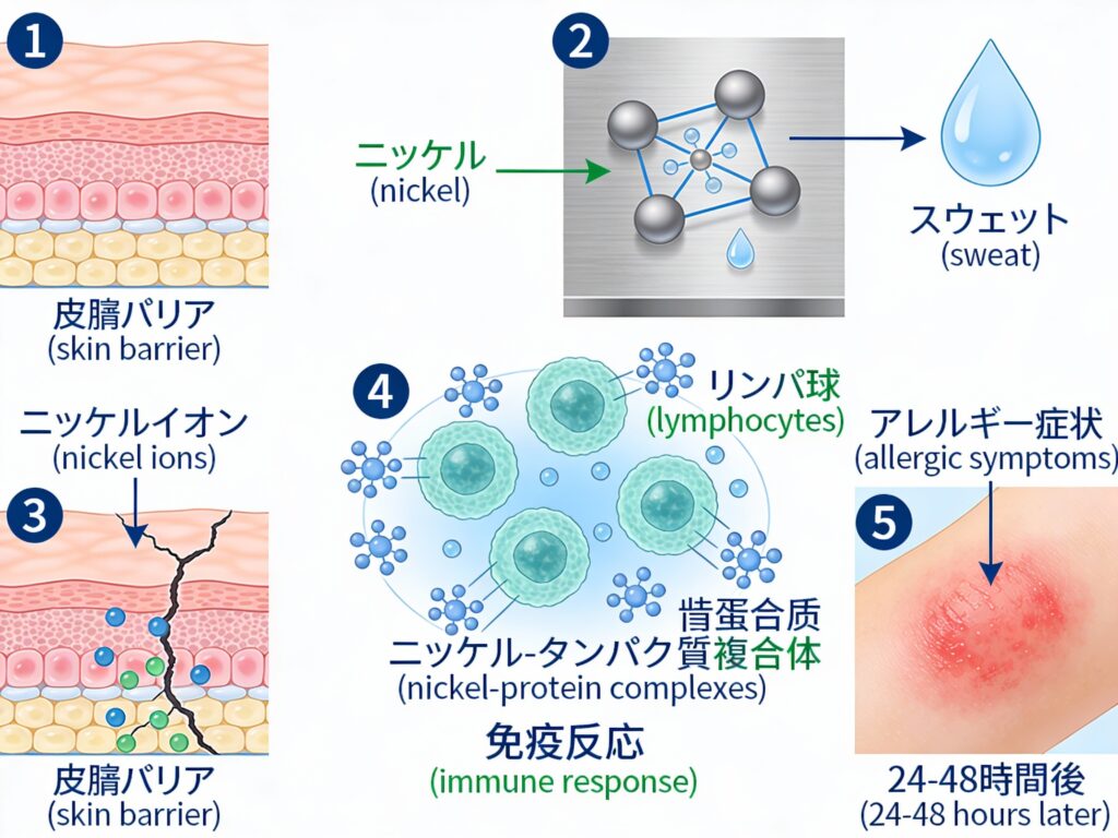金属アレルギーのメカニズム - ニッケルイオンがどのように皮膚を貫通し、免疫反応を引き起こすかを示すイラスト。24~48時間の遅延型アレルギー反応が視覚化されています。