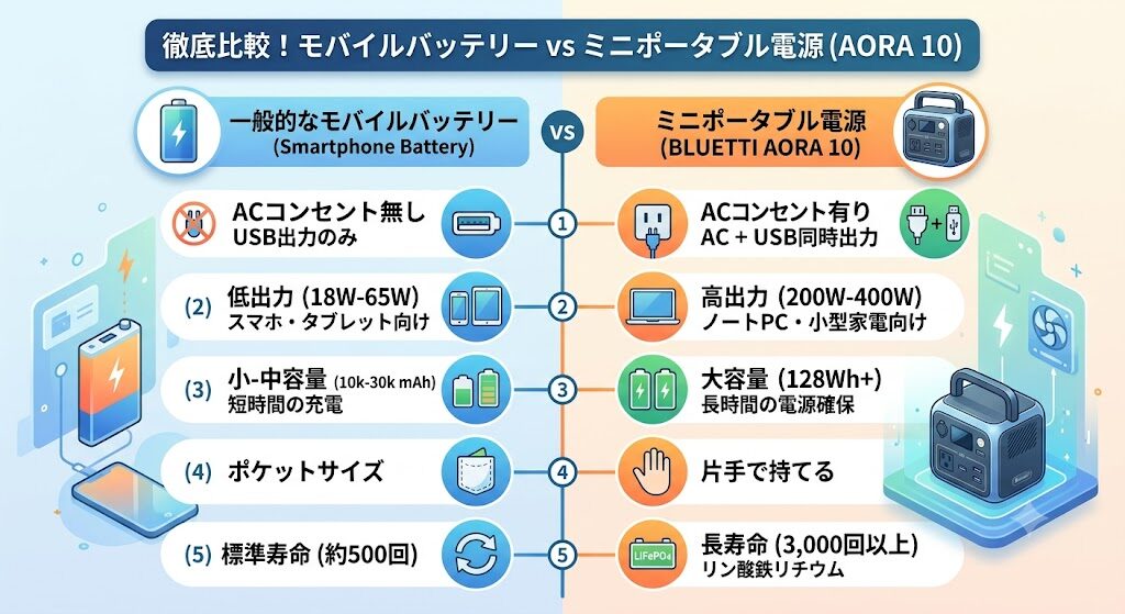 モバイルバッテリー vs ミニポータブル電源(AORA 10)の比較